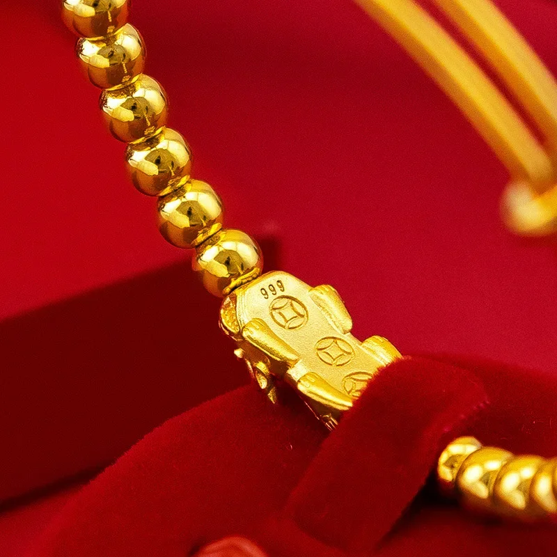 9999 Real Gold 24K Beaded Pixiu Bracelet, Fashion Gold Edition Gold Bead Transfer Pixiu Bracelet, Female