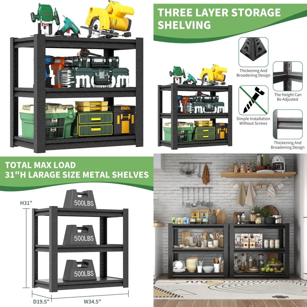 

Heavy-Duty Adjustable 3-Tier Garage Shelving - Black, 31.5 Height x 23.6 Width x 15.7 Depth, Maximize Storage Space