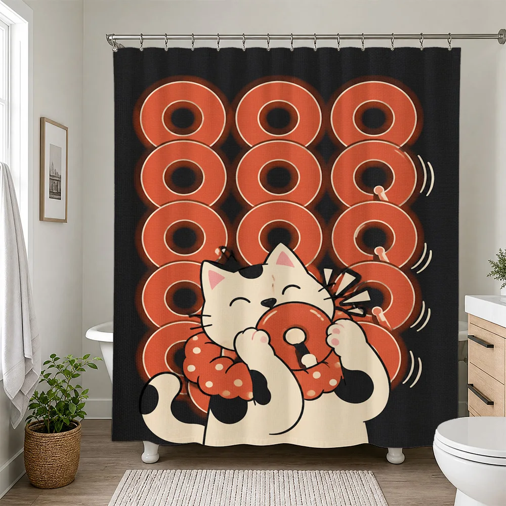 Cute Cat Sushi Rolling Fun Shower Curtain Waterproof Bathroom Decor Novelty Print