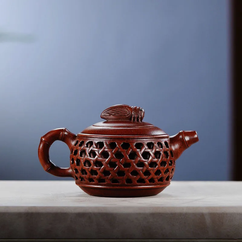 Yixing Zisha Early Anti-aging Factory Pure Handmade Zisha Pot Hollow Bamboo Leaf Cicada Sound Bamboo Weaving Teapot Imitation Ol