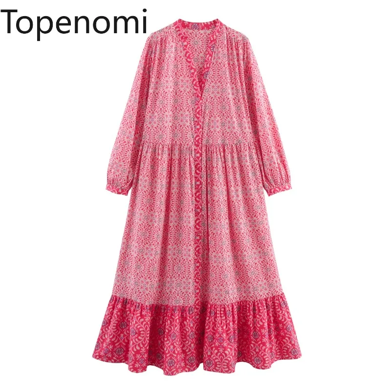 

Topenomi Women Print Long Sleeve Dress 2025 Spring V Neck Loose Single Breasted Ruffle Beach Dresses Fashion Evening Party Robes