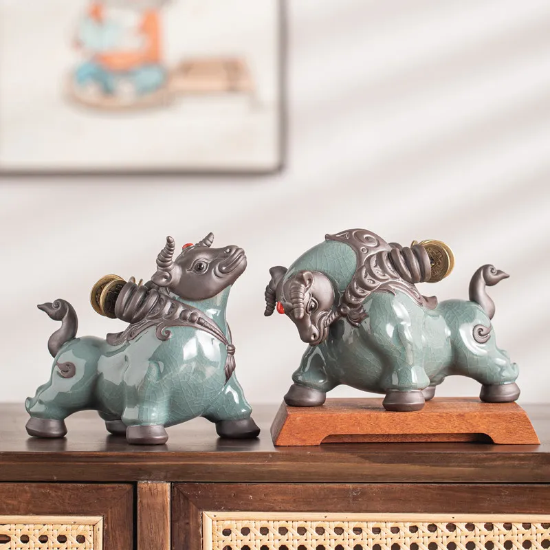 A Pair of Ceramic Ox Figurines Fortune Attracting Home Office Entryway Decor Zodiac Ox Mascots Gifts