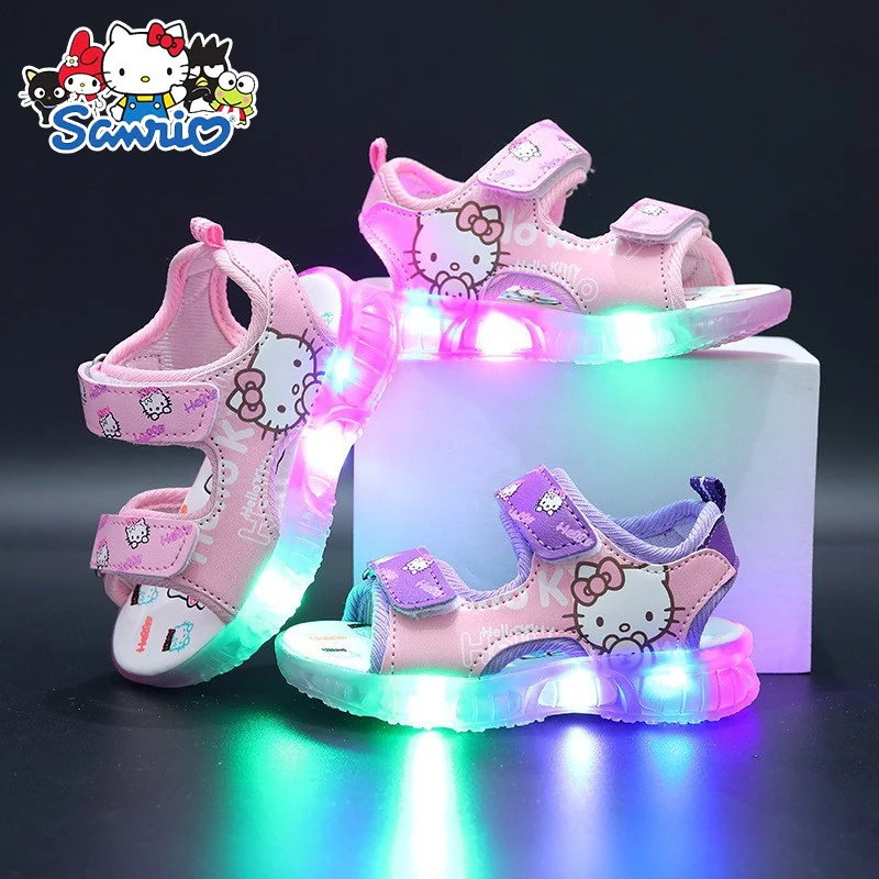 Sanrio Hello Kitty Summer New Girls Led Light Sandals Beach Outdoor Non-slip Casual Shoes