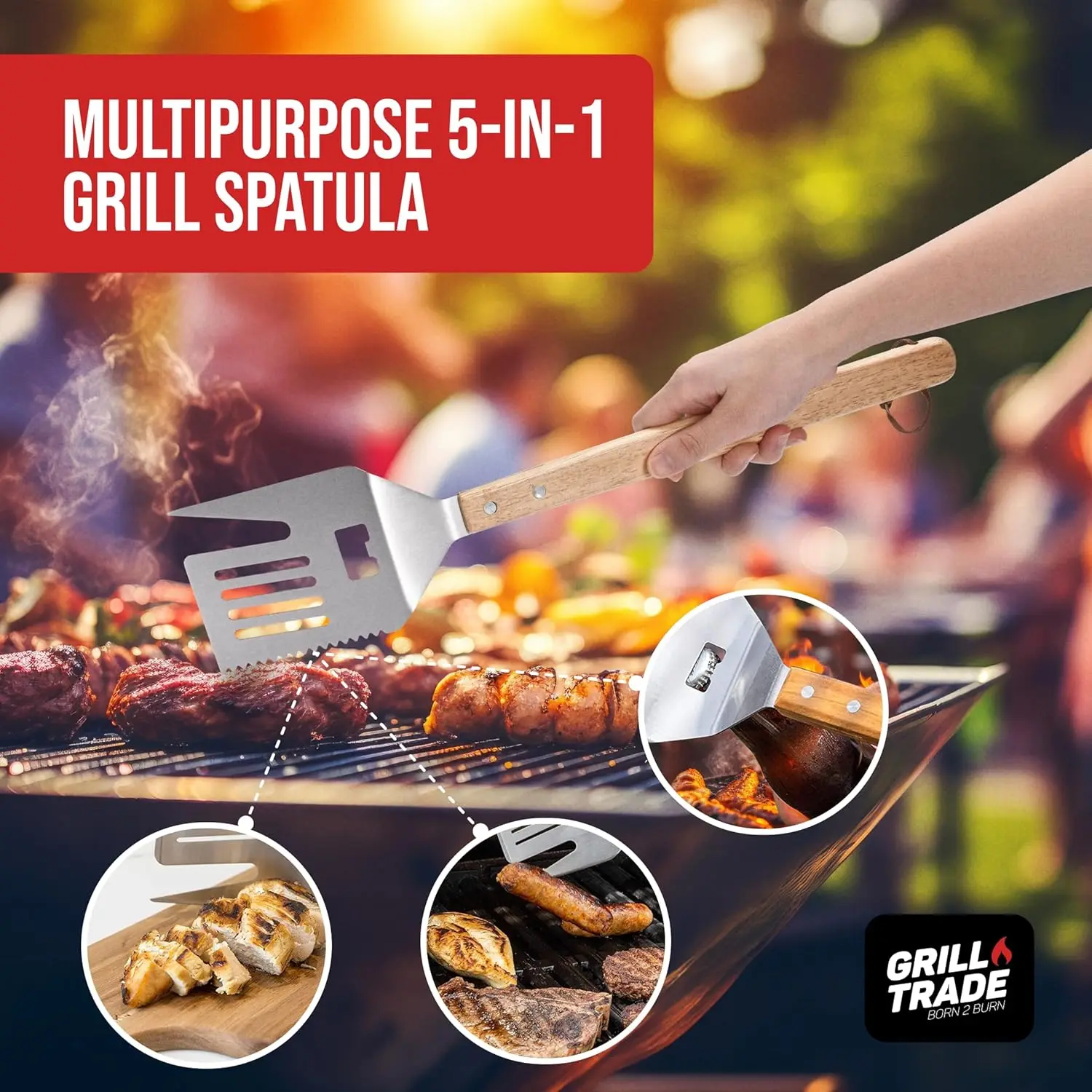 5-in-1 Grill Spatula with Knife, Fork, Tenderizer, Bottle Opener & Turner - 19' Wooden Handle BBQ Tool