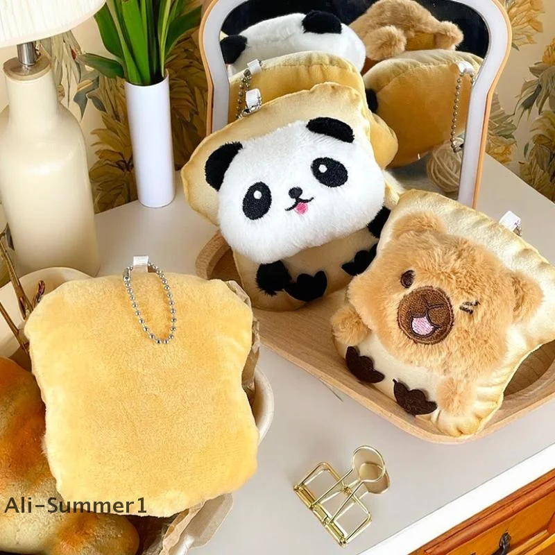 【E】Cute Toast Bread Panda Plush Toy Keychain Cartoon Soft Stuffed Doll Pendant Car Key Ring Backpack Bag Decor Kid Gift