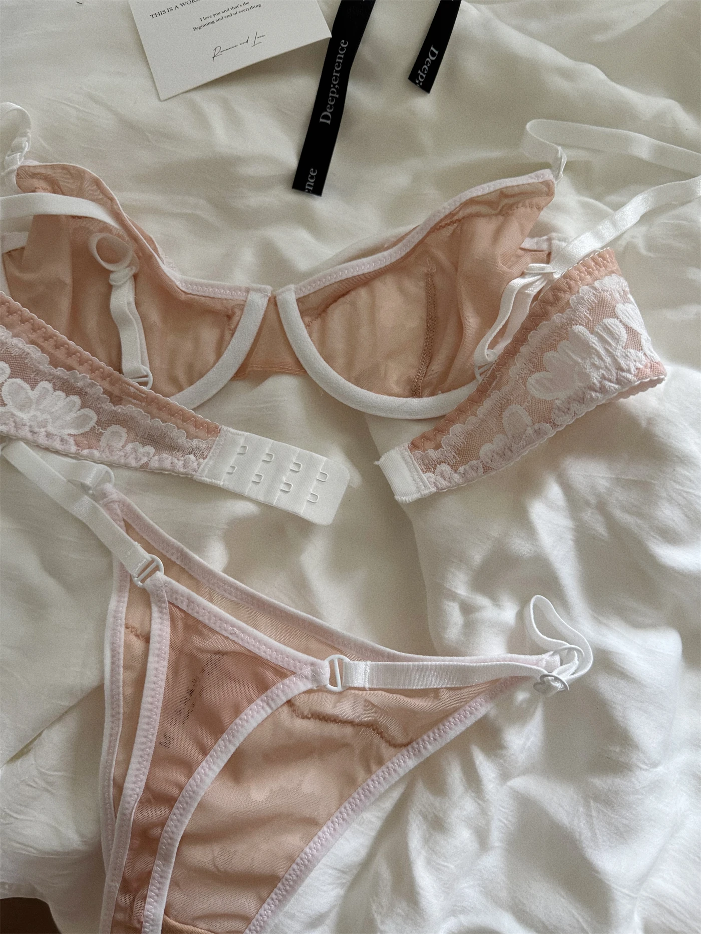 Flower Net Mesh Stretch Sexy Lace Embroidered Flower Lingerie Pure Desire Fresh and Light Push-up Bra Set