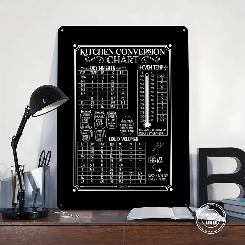 Kitchen Conversion Chart Black and White Tin Plaque Poster Customized Wall Art Retro Vintage Metal Signs for Room Wand Deko Home