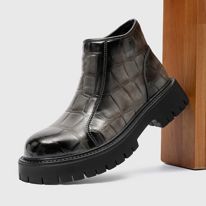 Men Glossy Leather Square Toe Slip on Ankle Boots Thick Lug Platform Sole Wear Resistant Autumn Winter Street FashionCasualShoes view 3