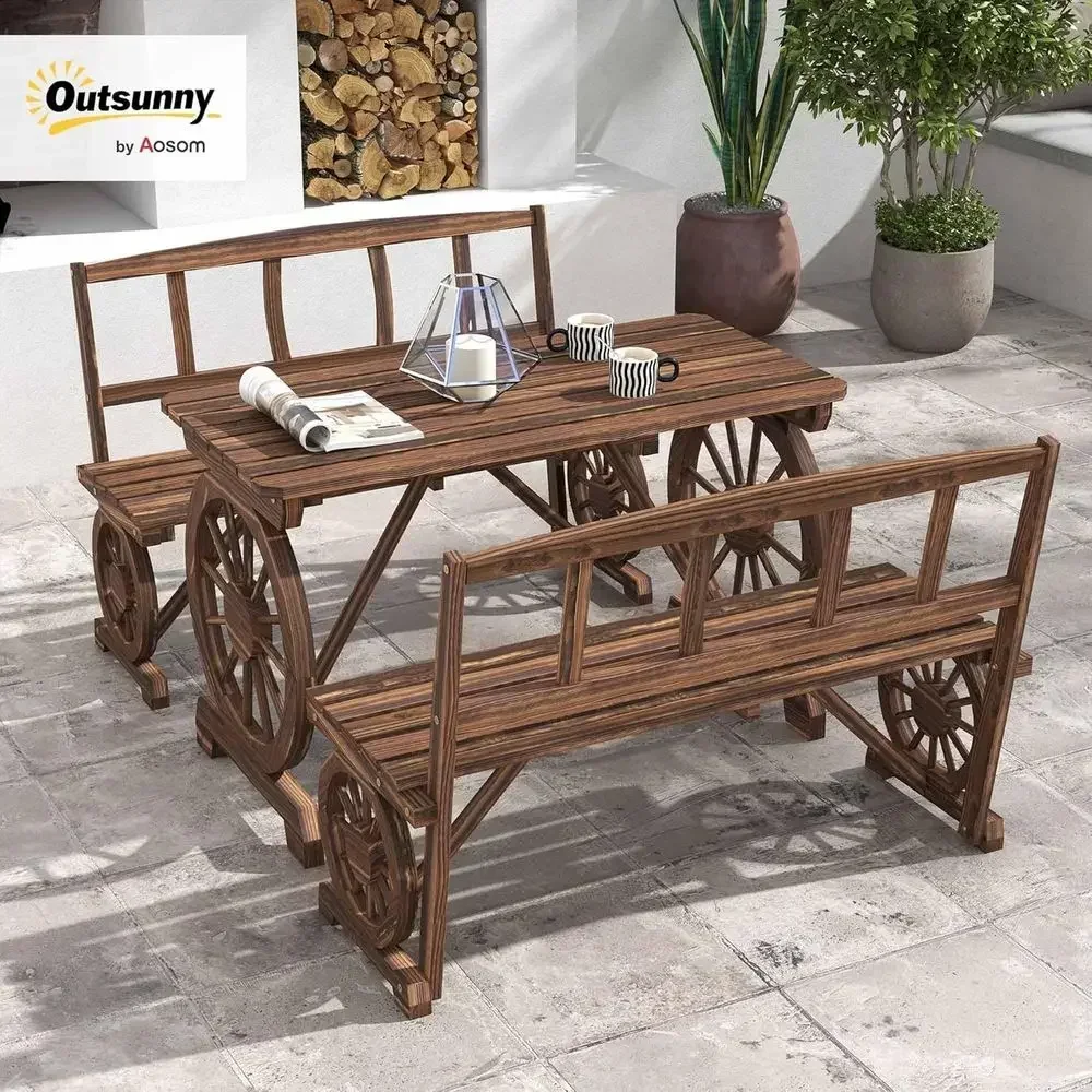 Weather-Resistant 3-Piece Wooden Patio Table Set with Wagon Wheel Design for 4, Ideal for Garden or Deck