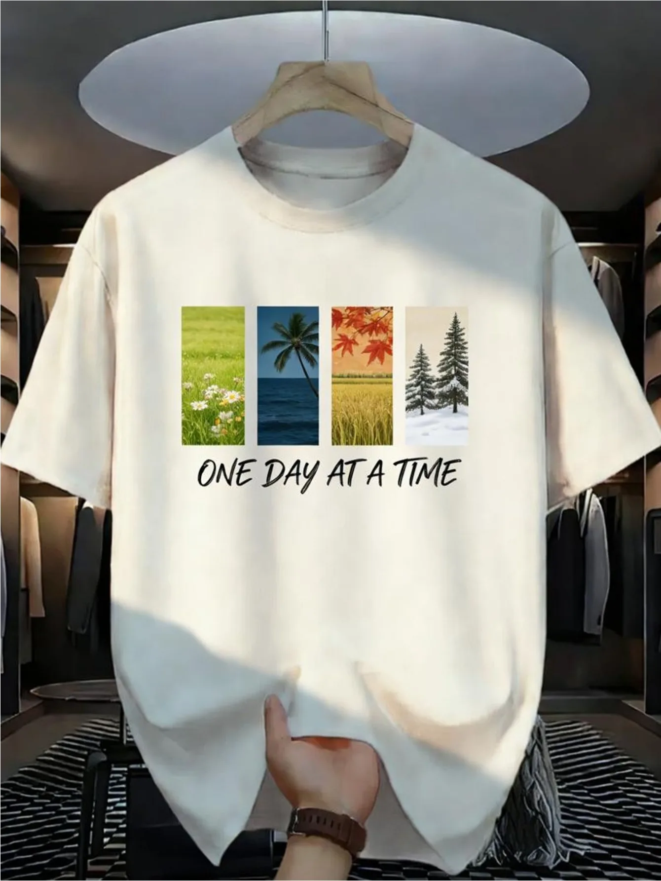 Father and son outfits White 100% Cotton Loose Fit T-Shirt with Vertical Four Seasons Landscape Art - Short Sleeve Crew Neck Casual Tee Suitable for Daily Wear, Gifts, Year-Round & Machine Washable for All-Season Outfits,