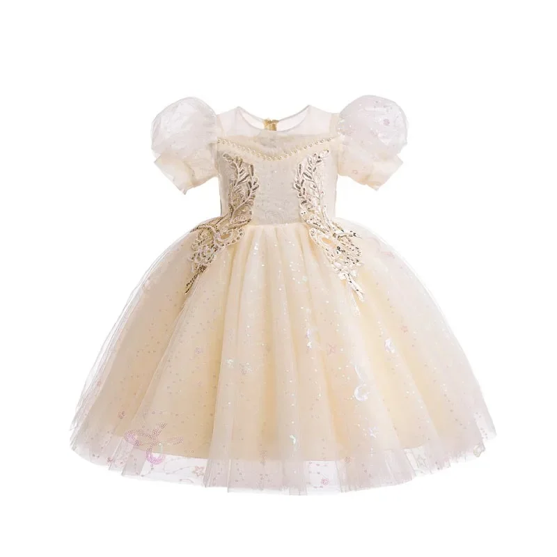 Embroidery Dress for Girls Beaded Short Sleeve Children's Party Gown Bridesmaid Holiday Formal Clothing for Kids