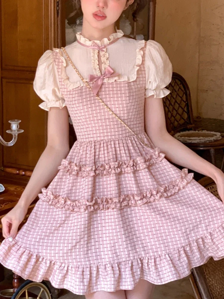 

Pink Plaid Lolita Kawaii Mini Dress Women Puff Sleeve Korea Sweet Party Mini Dress Lace France Elegant Fake Two Dress Summer New