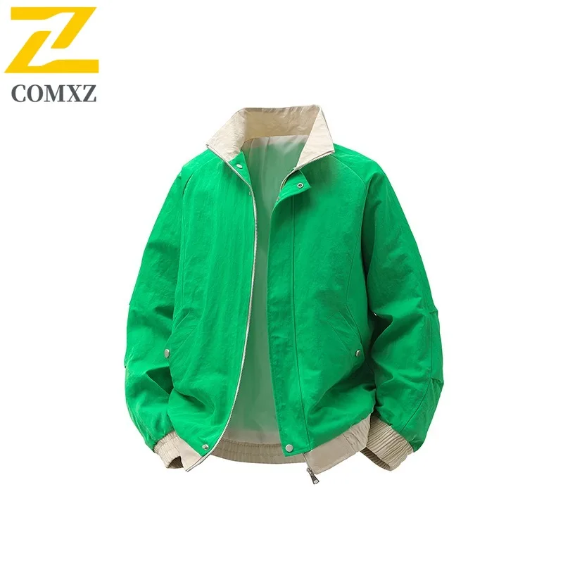 COMXZ Men Windbreaker Jacket Waterproof Stand Collar Outdoor Hiking Color Block Camping Jackets 2025 Walking Comfortable Coat