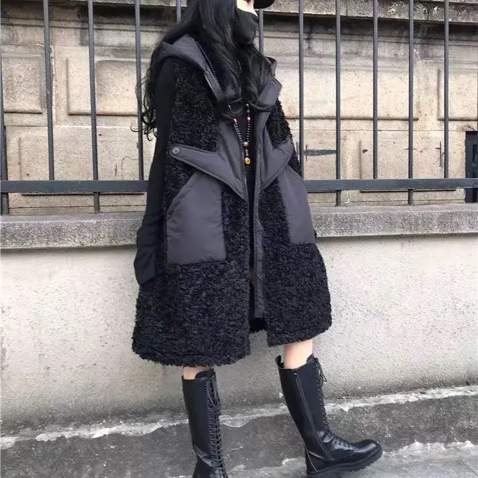 2025 inverno novo colete feminino solto com capuz longo regata