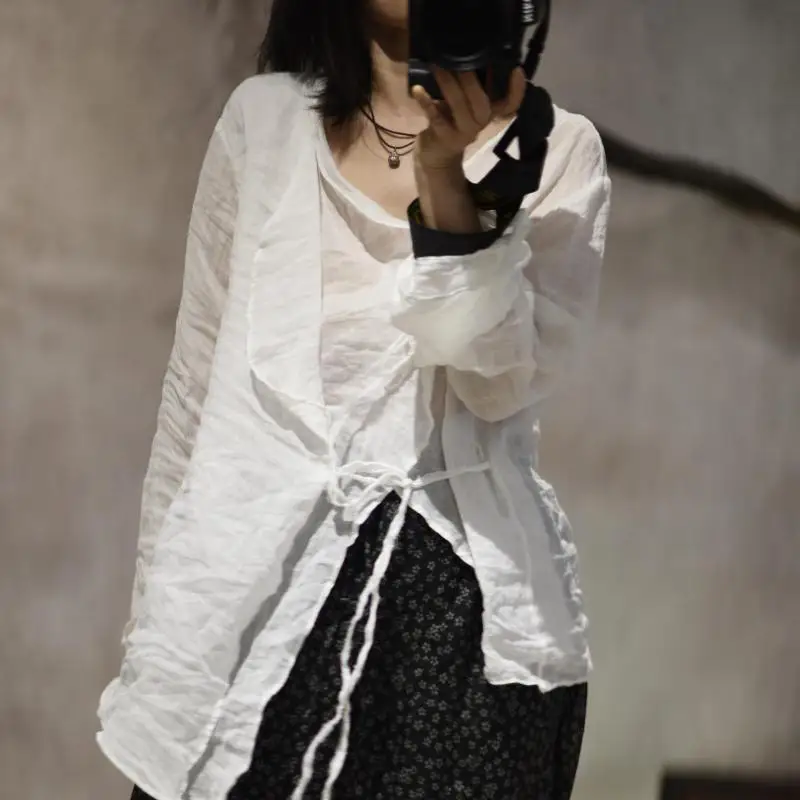 

Spring Summer Arts Style Women V-neck Long Sleeve Loose Shirts Double-deck Ramie Asymmetrical Lacing Open Stitch Vintage Blouse