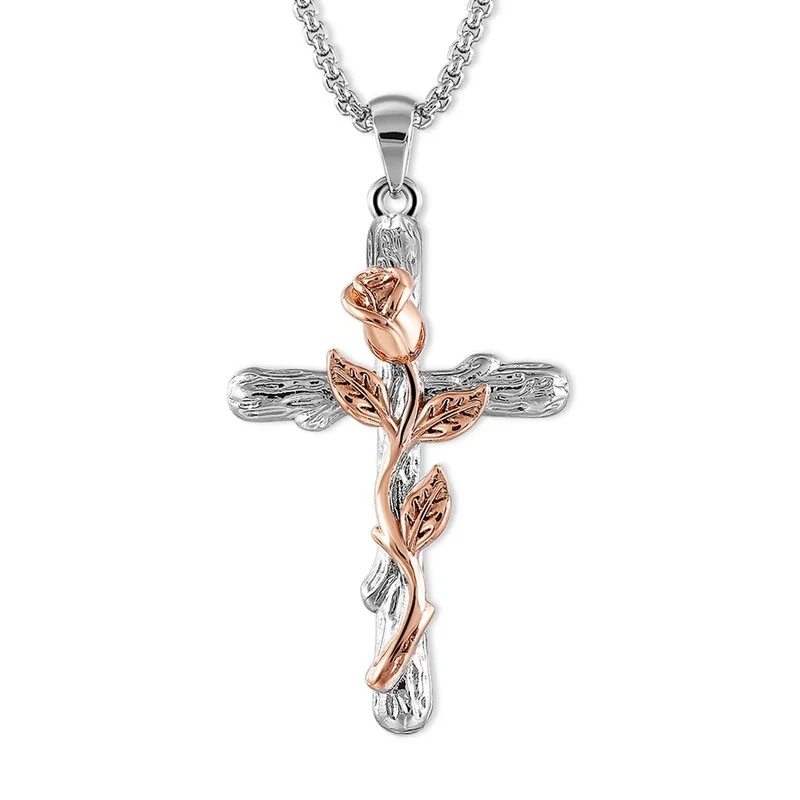 Rose Flower cross Pendant Necklace in White/Rose Gold Plated Jewelry Mothers Day Necklace for Women Engagement Anniversary Gifts