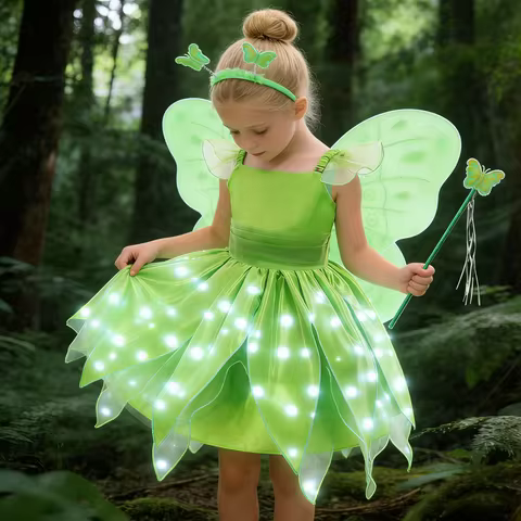 Childern Princess Dress For Girls LED Light With Flower Fairy Dress Up Kids With Wings Halloween Elves Party Tinker Bell Dress