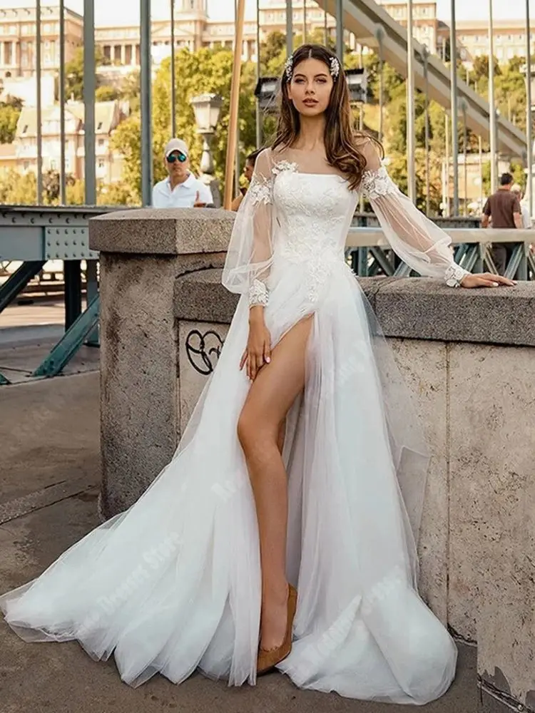 Vestidos De novia bohemios con calcomanías De encaje para mujer, Vestidos De novia bohemios De manga larga con abertura lateral, novedad De 2024