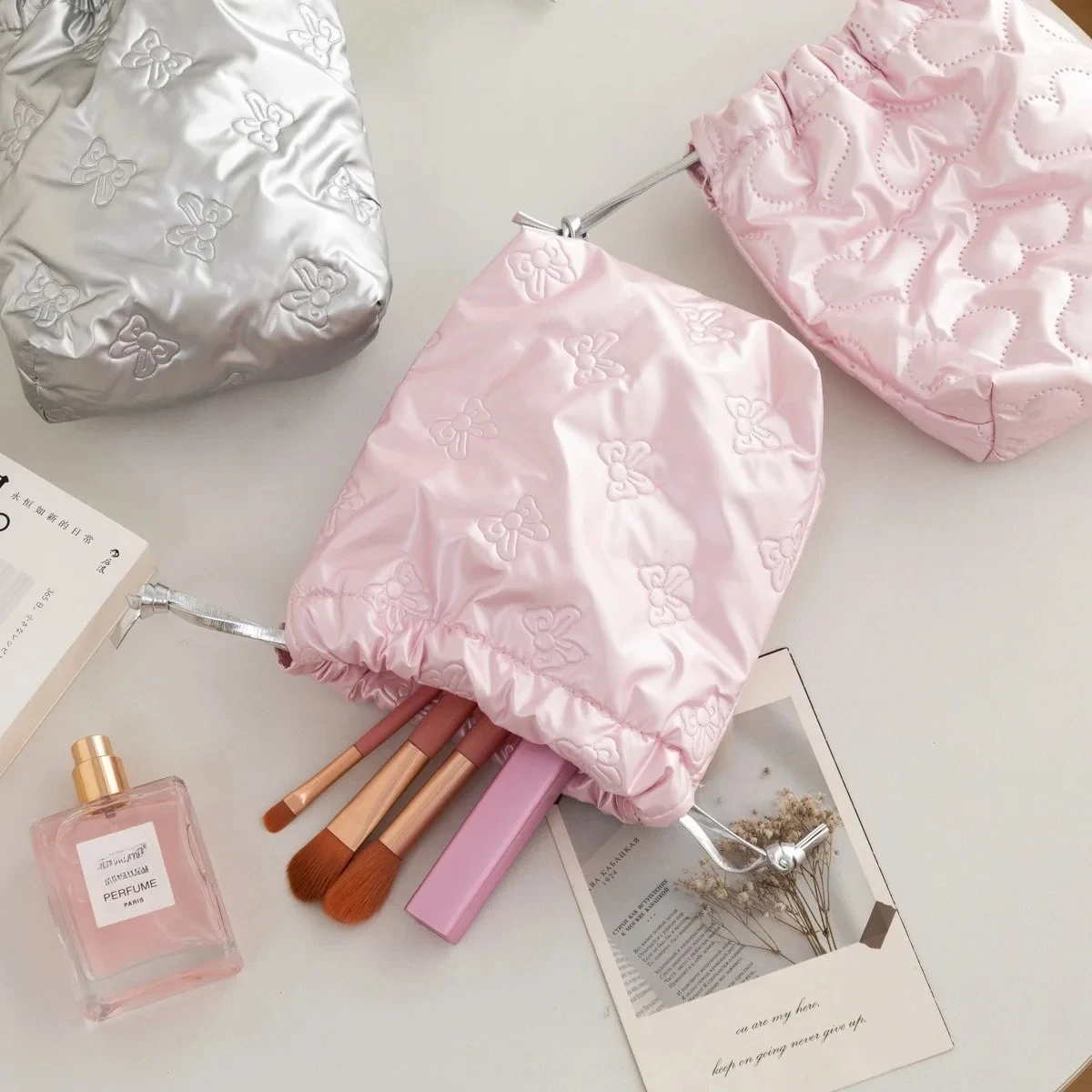 PU Bright Bow Love Drawstring Bag Waterproof Drawstring Bags Polaroid Camera Storage Bag Drawstring Pouch Travel Toiletry Bag