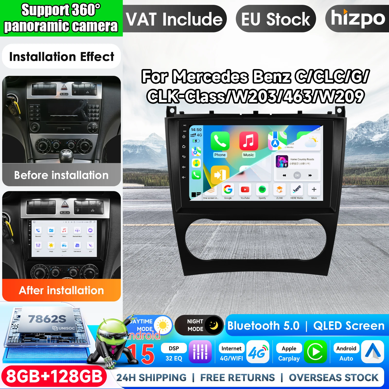 Hizpo Autoradio sans fil CarPlay Android Auto 9 pouces pour Mercedes Benz CLC W203 Classe C C180 C200 CLK200 CLK W209 Systèmes intelligents multimédias Apple CarPlay sans fil Écran tactile IPS Lecteur vidéo stéréo 2Din Autoradio Navigation BT GPS 4G