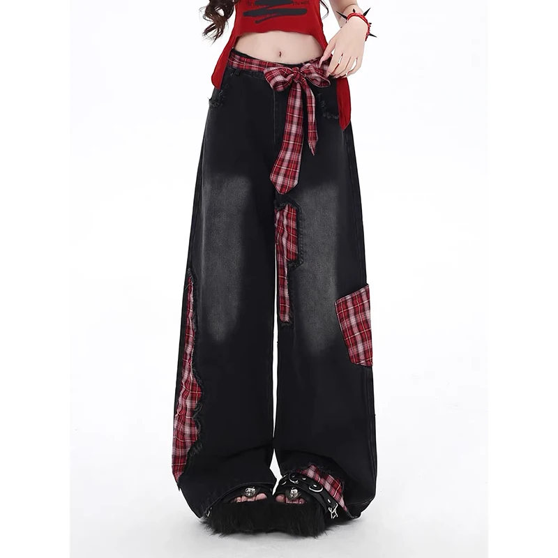 Women Tide Jeans Grunge Japanese Harajuku Y2K Baggy Denim Pants Cyber Punk Hip-pop 2000s Aesthetic Plaid Patch Trouser Tomboy