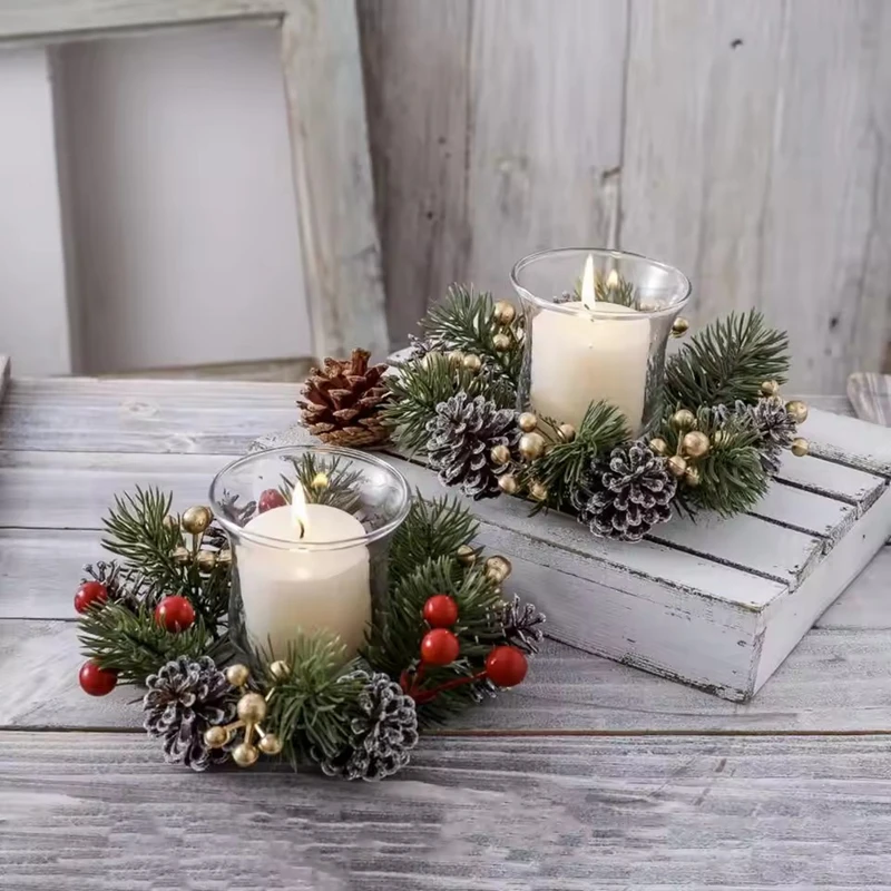 

Christmas Candle Ring Artificial Pine Needle Pinecone Berries Garland New Year Party Home Table Decoration Candle Wreath Gifts