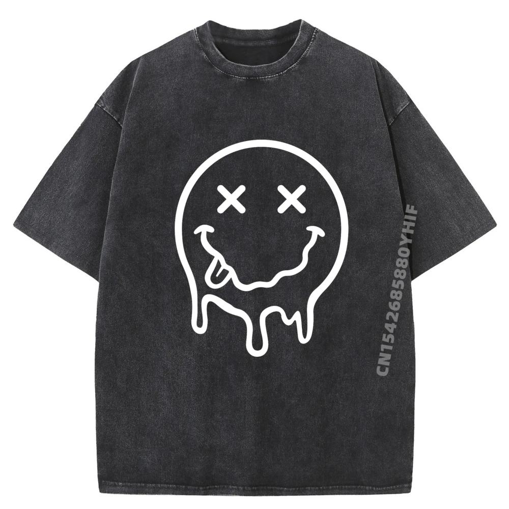 

Melting Smile Face Smiling Melted Dripping Face Cute Luxury Clothing Hot Sale Washed T-shirt Vintage Style