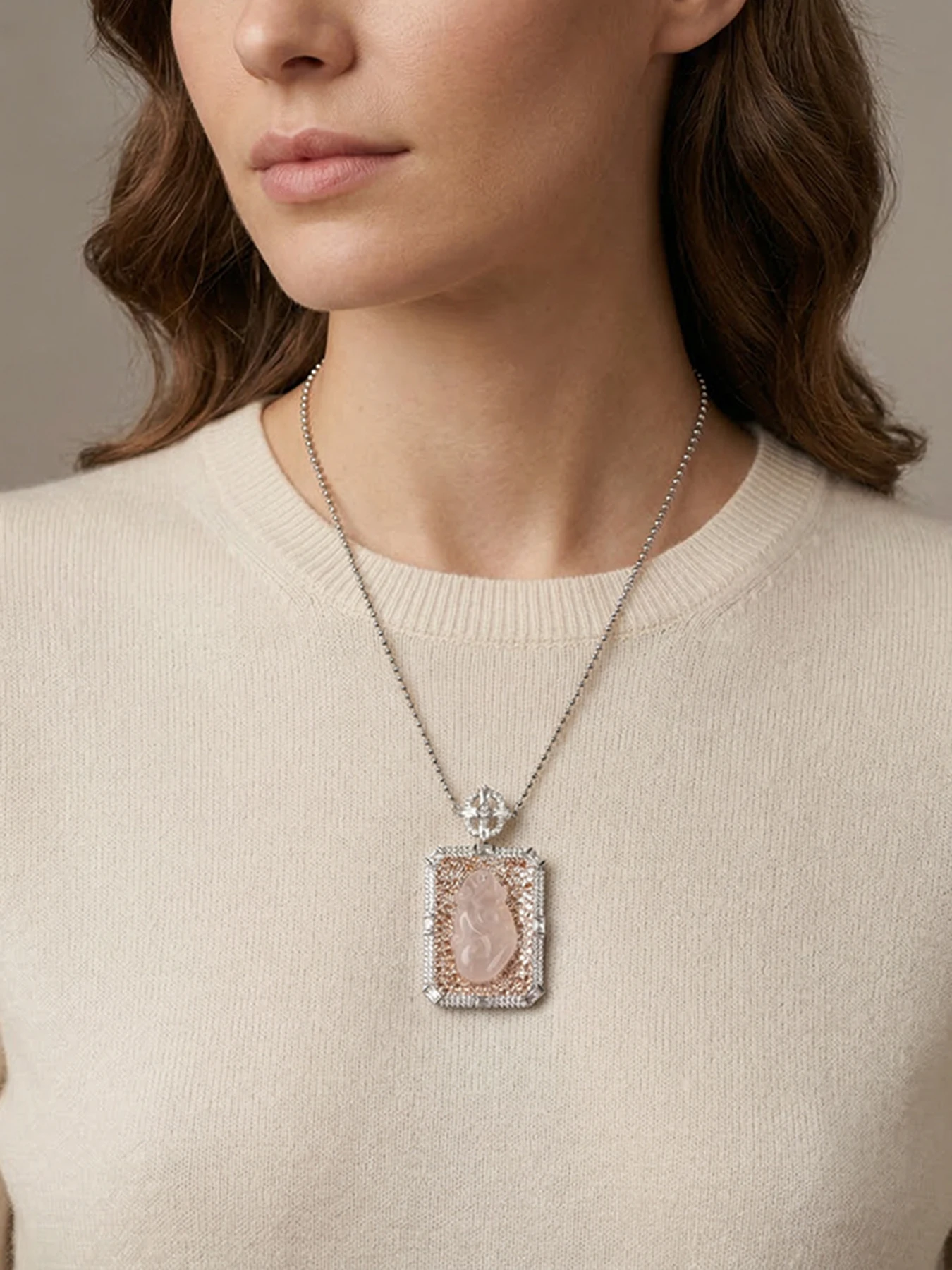 Carved Pink Ruyi Pendant Necklace Silver Tone Paved Crystal Square Bead Chain Women Statement Jewelry