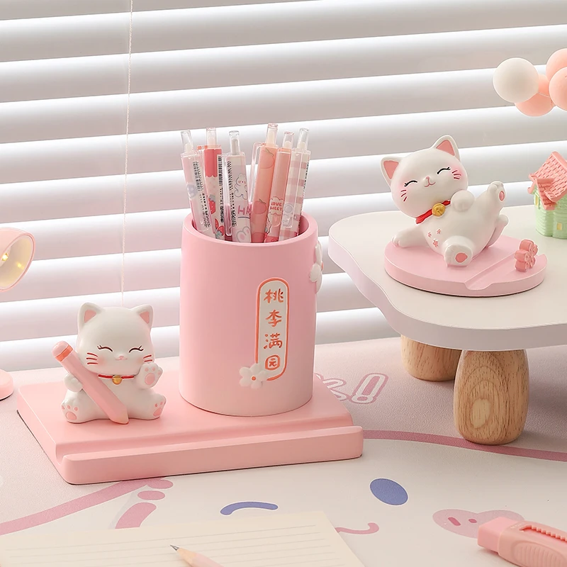 Cute Lucky Cat Pen Holder With Phone Stand Resin Pencil Cup Desktop Organizer Student Office Desk Decor
