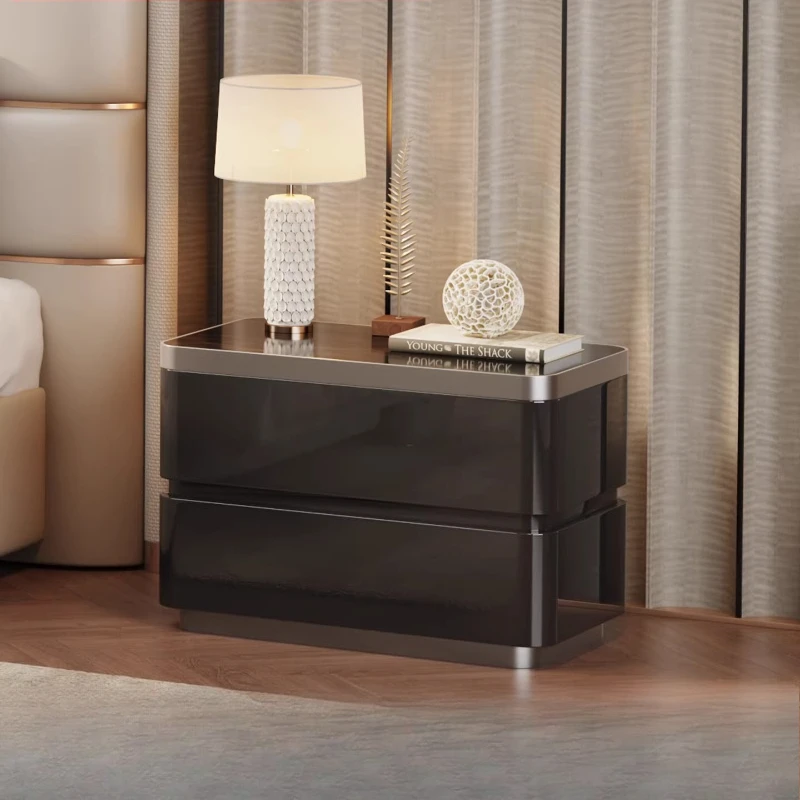 

Italian minimalist bedside table bedroom simple modern black with lock wireless charging rock slab bedside table solid wood