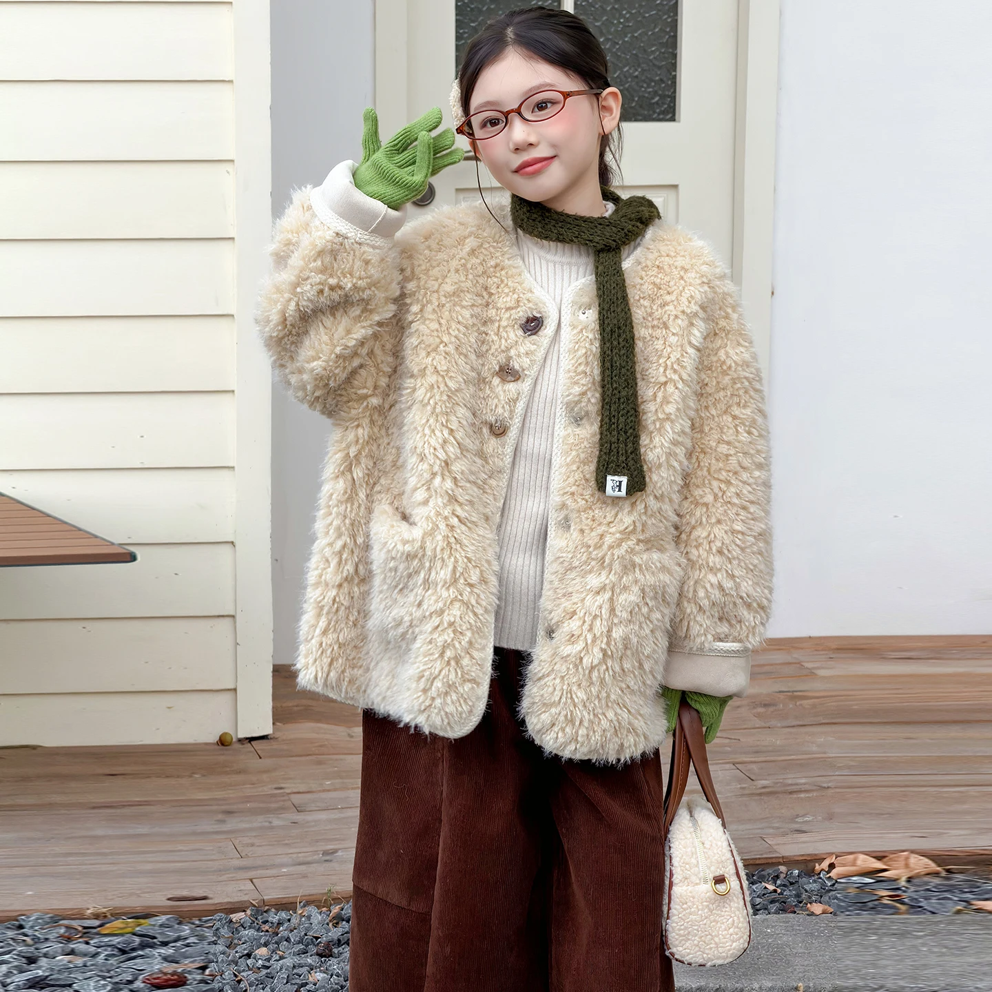 خمر مزيج الصوف معطف طويل الكورية القرن مشبك صوف الضأن معطف فتاة الشتاء زائد الصوف سميكة الفراء معطف واحد معطف فروي سن 4-14y