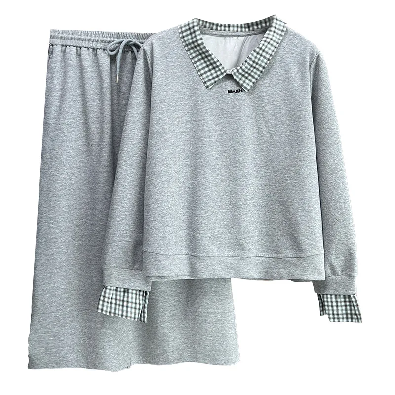 

XXXXL Fashion Plus Size Women's Sets 2025 Autumn Casual Lapel Plaid Patchwork Sweatshirt And Skirt Two Piece Set