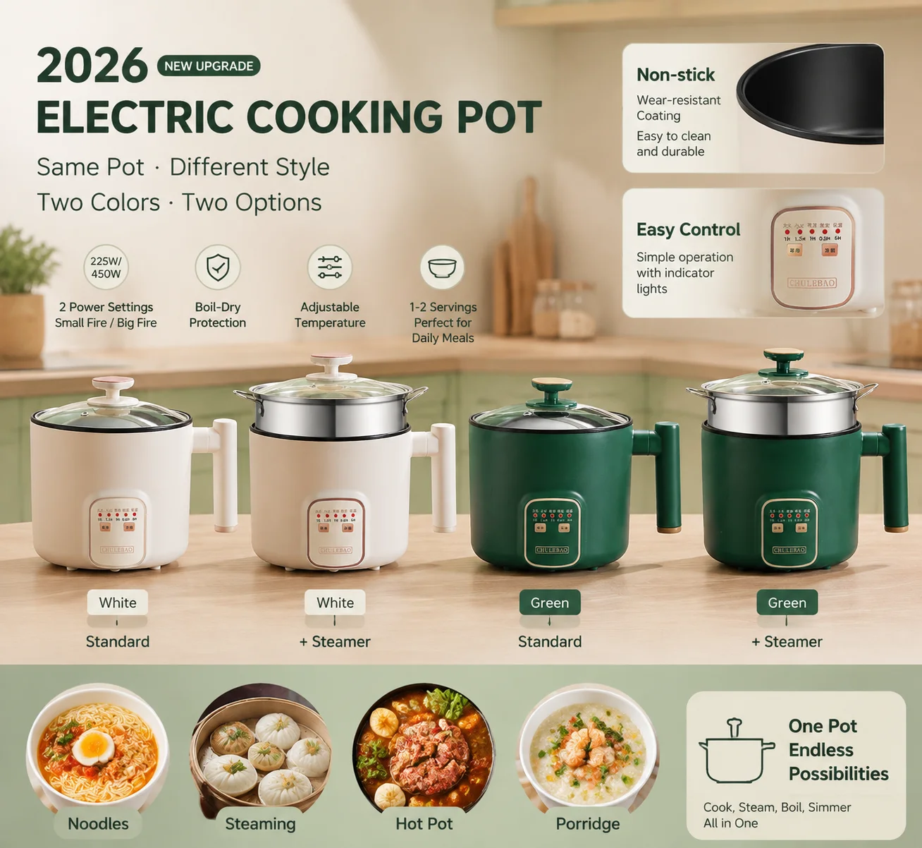 2026 New Upgrade Electric Hot Pot 1.8L Mini Multifunction Electric Noodle Cooker With Handle For Home Dorm Office Single Layer