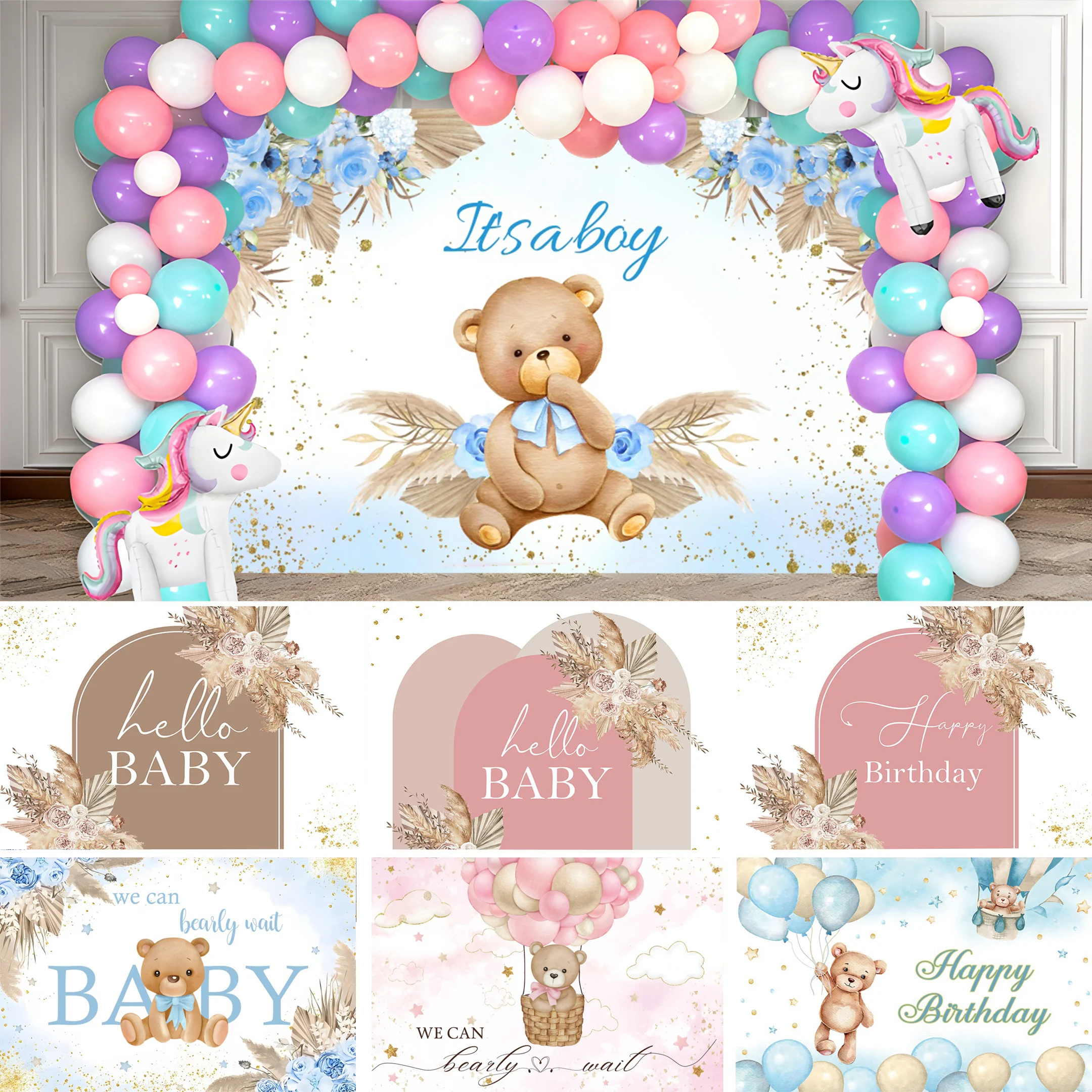 Baby Shower Backdrops For Photography Teddy Bear Boho Pampas Grass Background Poster Birthday Party Decor Customized Supplies