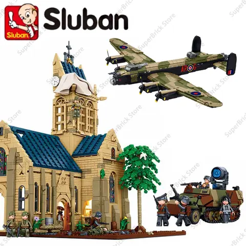 Sluban Normandy landing Sainte-Mère-Église WW2 Church Scene Model Building Block Classic Tank Brick Set Kids Toy Gift Collection