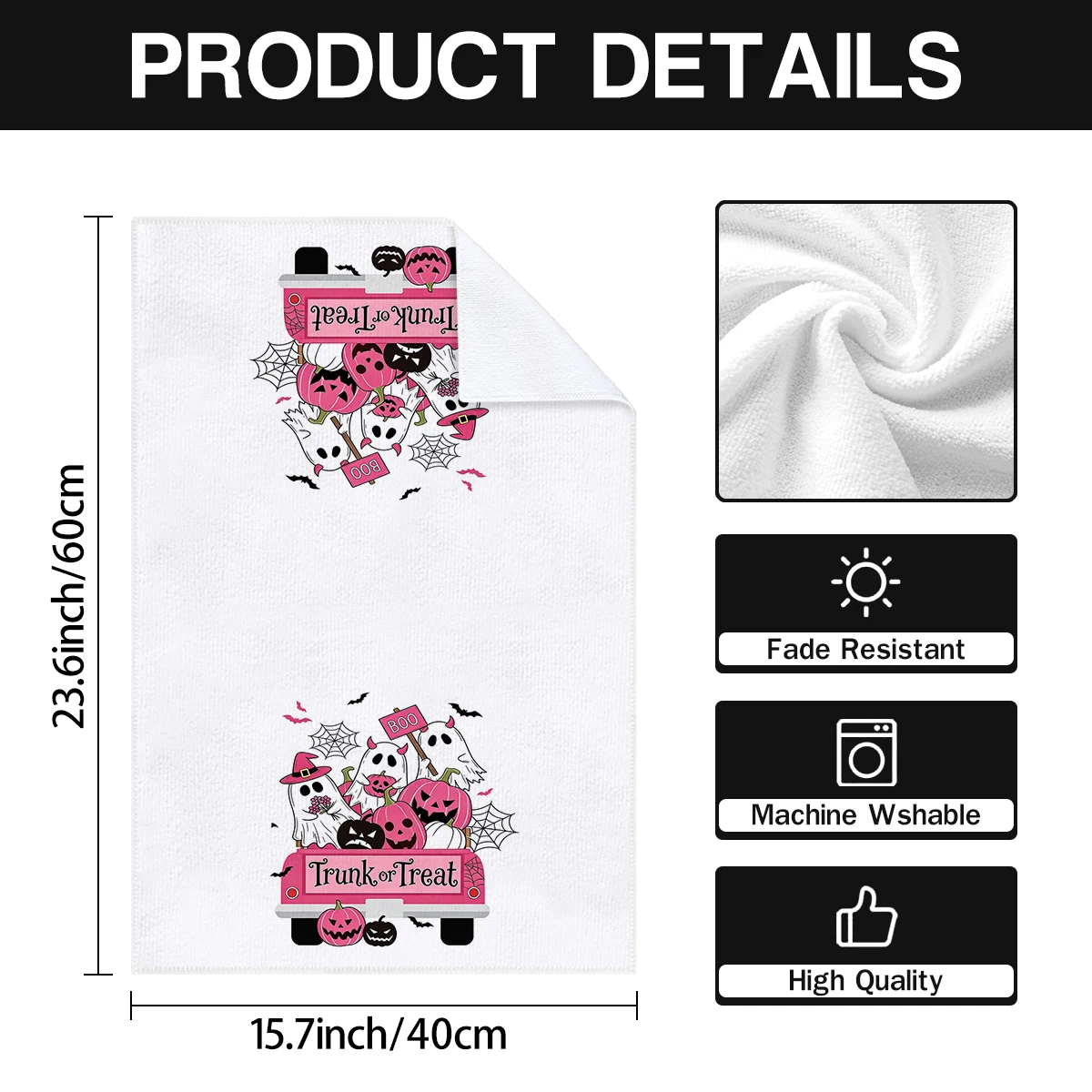 2pcs retro pink ghost, pumpkin, black cat, witch hat, bat patterned kitchen towels, Halloween decorative kitchen towel set,
