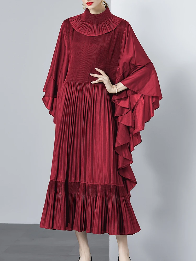 GVUW Pleated Elegant Dress Women Fashion Lapel Full Batwing Sleeve A Line Ruffles New 2024 Evening Party Long Dresses 17G5783