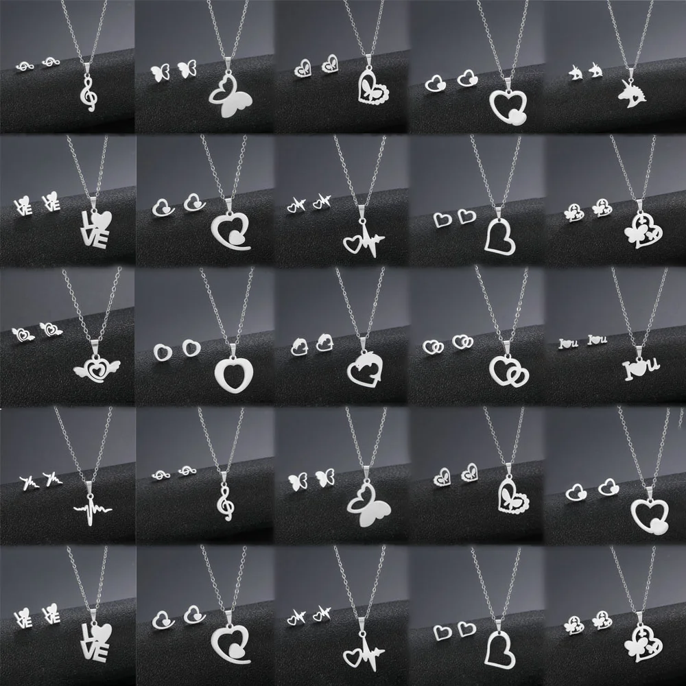 10Sets/Lot Fashion Women Stainless Steel Stud Earrings Necklace Set Trendy Sweet Heart Mini Jewelry Wedding Party Gift Mix Style