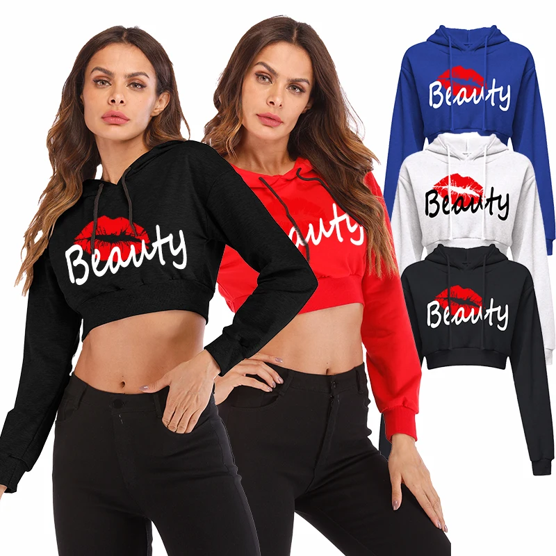 New sexy women\'s sports shirt with exposed navel hoodie top lip print hoodie fashionable and sexy with exposed navel hoodie