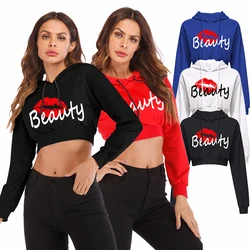 Sudadera con capucha y ombligo expuesto para mujer, camisa deportiva sexy, Sudadera con capucha con estampado de labios superior, Sudadera con capucha de moda y sexy, nueva