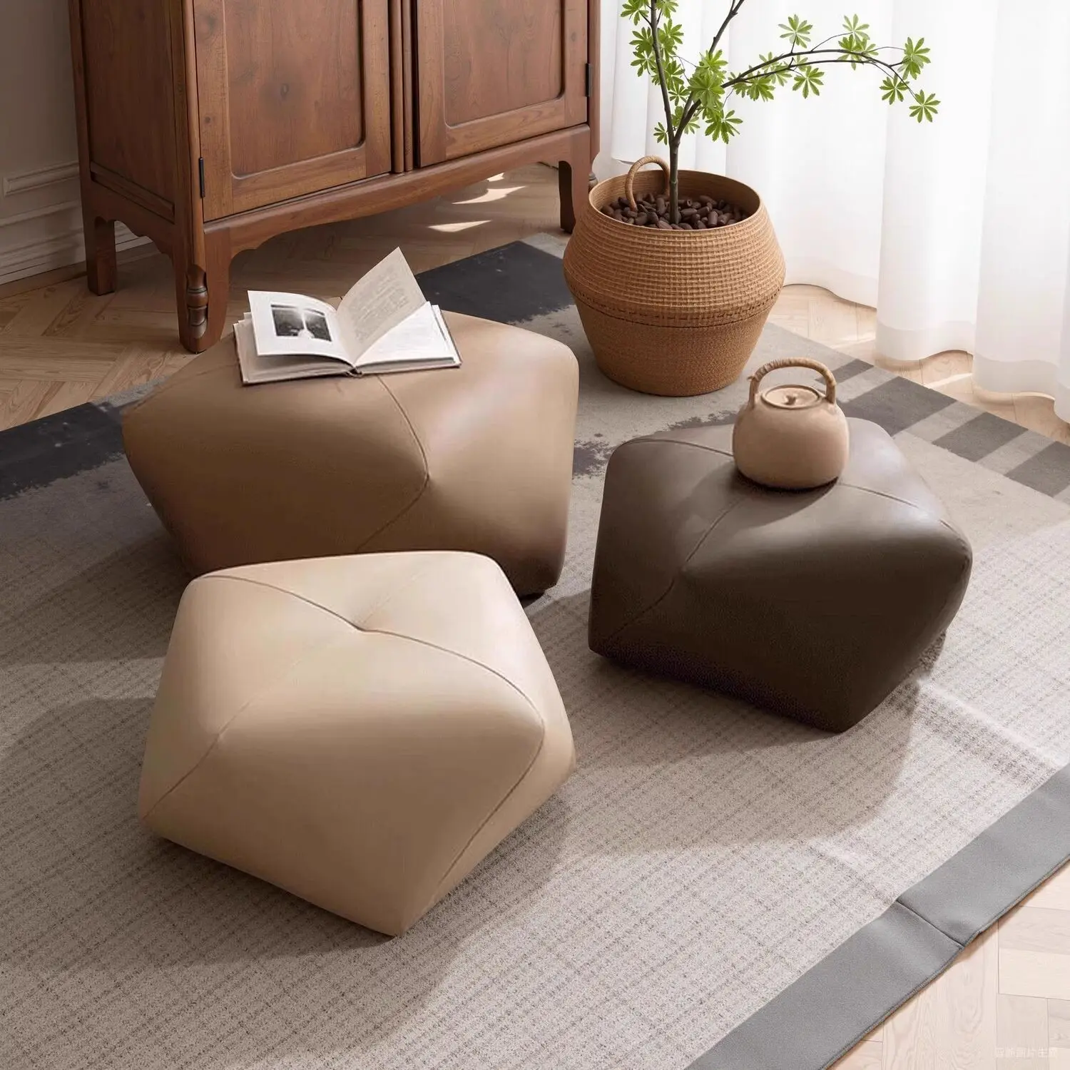 Solid Wood Stool Octagonal Coffee Table Household Living Room Footrest Sofa Bedroom Sitting Cushion Dressing Room Changing Shoes