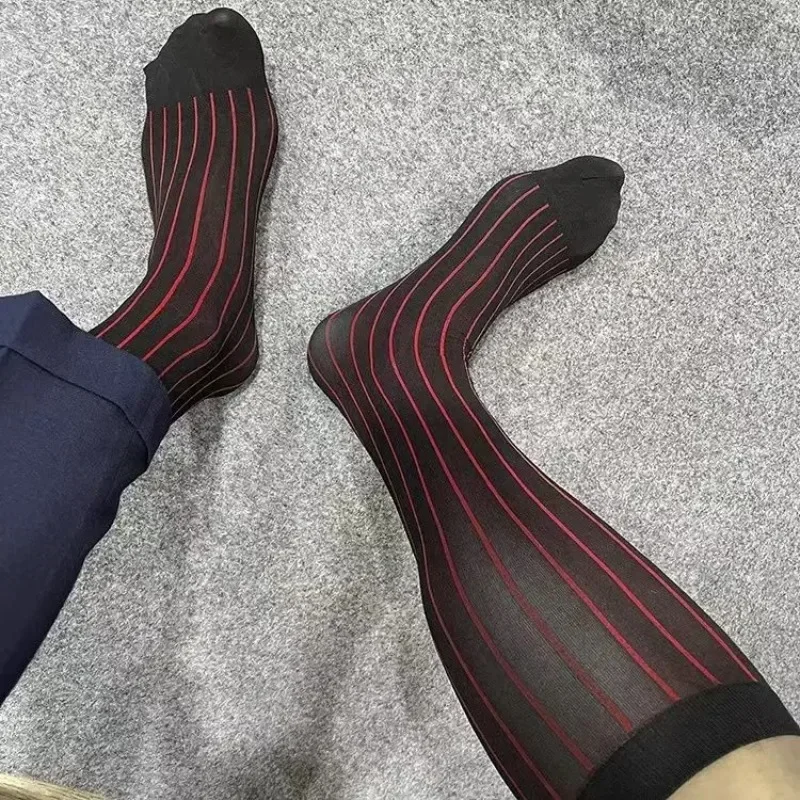 Men Striped Socks Man Ultra Thin Silk Formal Dress Suit Long Socks for Men Sexy Sheer Stockings Erotic Male Business Dress Socks - view 4
