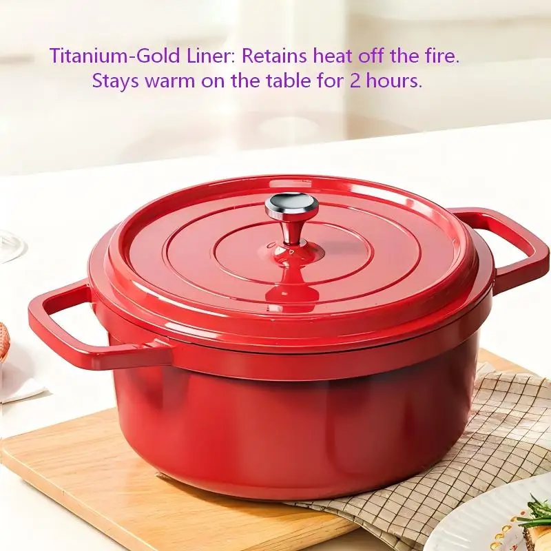 Dual Handle Enamel Stew Pot with Lid, Non-Stick Soup Pot, Titanium Gold Heat-Resistant Cookware for Gas & Induction Stove