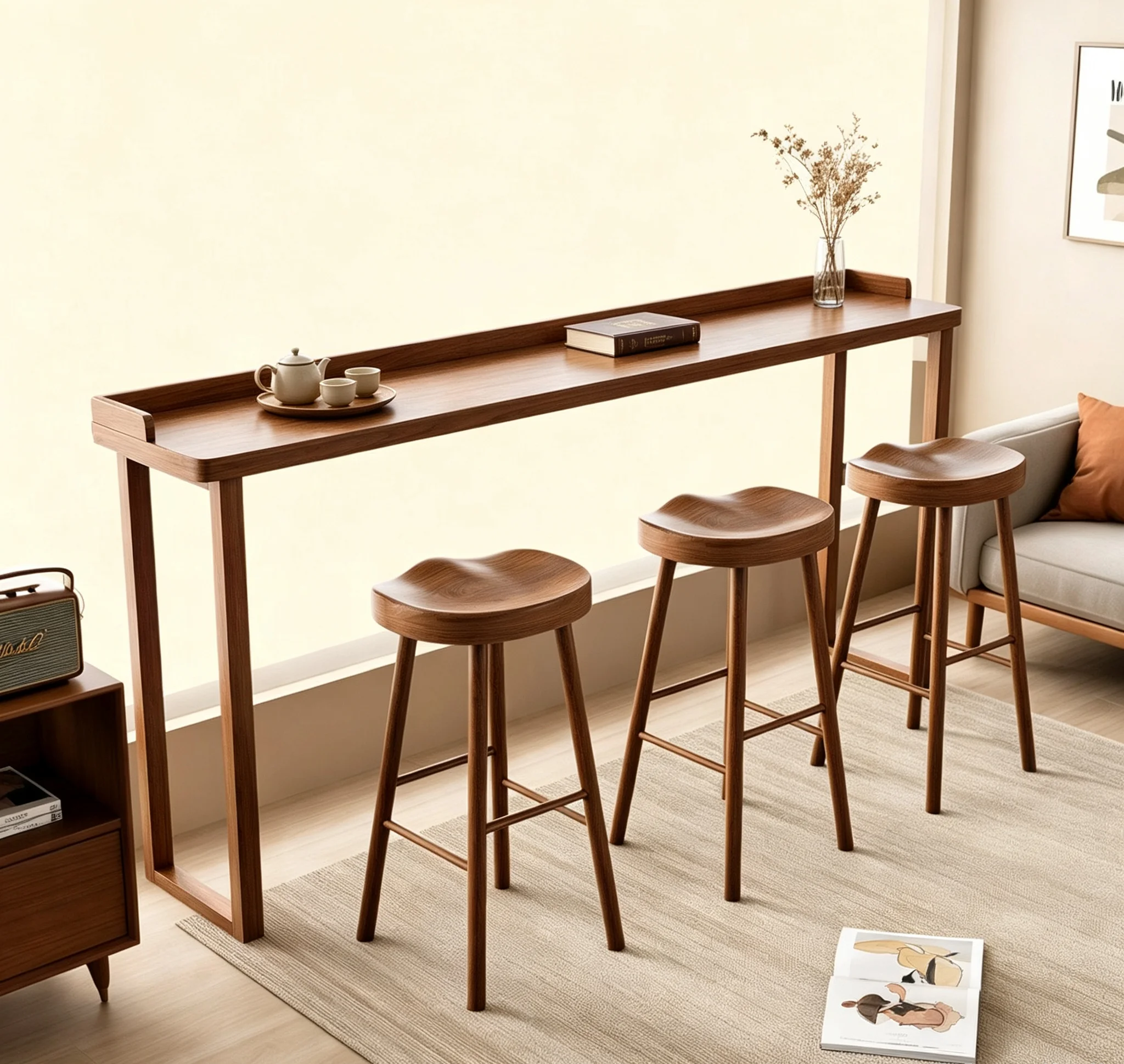 Solid Wood Bar Counter Table For Home Use, Cafe, And Bar, Window-side, With Backsplash, Long Table And Chair Set