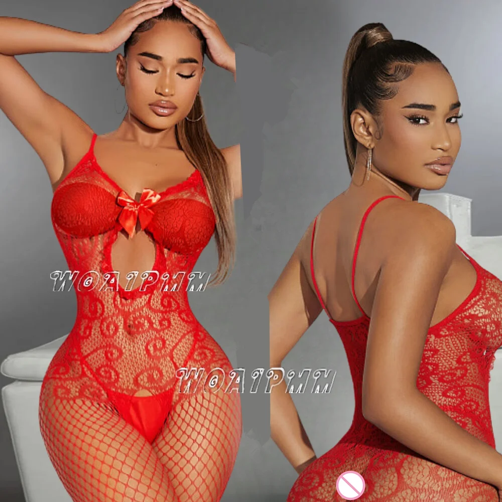 New Women Red Underwear Sexy Fishnet Tights Lingerie Costumes Erotic Mesh Full Body Stockings Clothes Female Jumpsuit Sleepwear