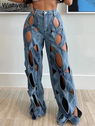 Fashion Streetwear Stretch Cross Hollow Out Loose Denim Cargo Pants for Women Sexy High Waits Straight Baggy Jeans Girl Trousers