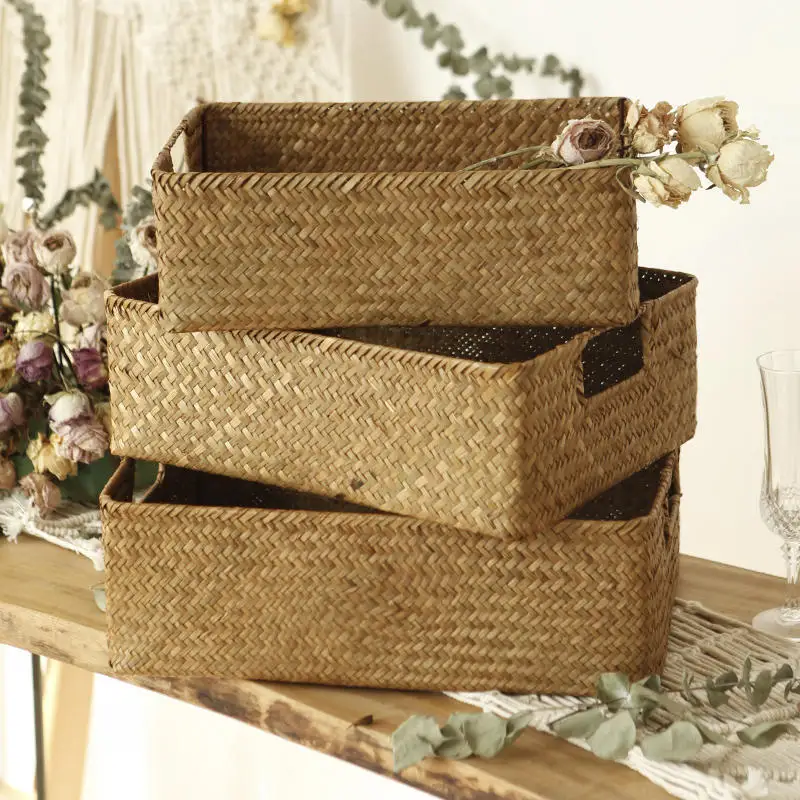 New Natural Large Woven Seagrass Basket of Straw Wicker for Home Table Fruit Bread Towels Small Kitchen Storage Container