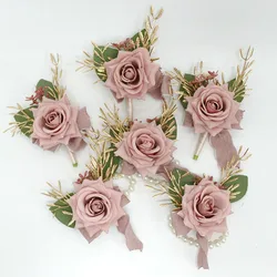 Dusty Pink Artificial Boutonnieres for Mensuit Wrist Corsage Bridesmaid Marriage Rose Flowers Wedding Accessories