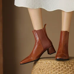 Autumn Women Boots Square Toe Chunky Heel Short Boots Women Genuine Leather Shoes for Women Slip-on Boots Pleated Ladies Shoes