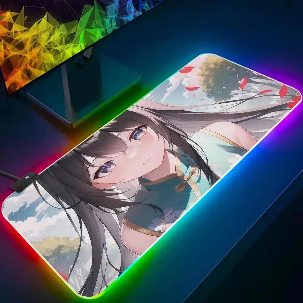 Anime Girl Long Hair Mouse Pad, RGB Tablet, Laptop, XXL, Desktop, Cute HD Rainbow Gaming Keyboard Pad, CSGO play